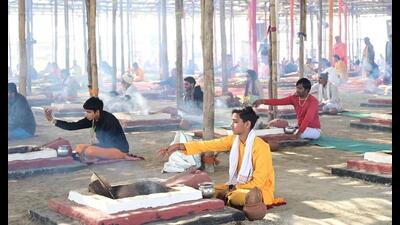 Yagna being performed at the camp of a sadhu in mela area during Mahakumbh-2025 in Prayagraj. (HT Photo) Yagna being performed at the camp of a sadhu in mela area during Mahakumbh-2025 in Prayagraj. (HT Photo)