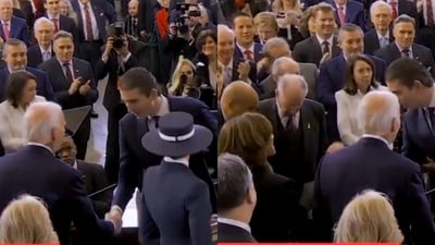 Barron Trump was seen extending a handshake to outgoing President Joe Biden and former Vice President Kamala Harris at the 2025 Presidential Inauguration, where his father, Donald Trump, was sworn in as the 47th POTUS. (X / CNN) Barron Trump was seen extending a handshake to outgoing President Joe Biden and former Vice President Kamala Harris at the 2025 Presidential Inauguration, where his father, Donald Trump, was sworn in as the 47th POTUS. (X / CNN)