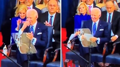 Joe Biden quickly made the sign of the cross and smiled while sitting at the inauguration dais. (X/@TheRichFromCali) Joe Biden quickly made the sign of the cross and smiled while sitting at the inauguration dais. (X/@TheRichFromCali)