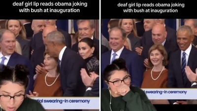 As Barack Obama greets the presidents around him, he can be seen making a brief comment to George W Bush. (X/CollinRugg) As Barack Obama greets the presidents around him, he can be seen making a brief comment to George W Bush. (X/CollinRugg)