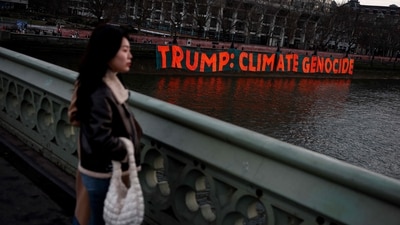 Signs of protests were seen across London on the day of Donald Trump's inauguration as the US' 47th president, with people opposing his stance on climate change and action to help the climate the crisis. It is notable that Trump signed an executive order to pull US out of the Paris climate accord on Monday. (AFP) Signs of protests were seen across London on the day of Donald Trump's inauguration as the US' 47th president, with people opposing his stance on climate change and action to help the climate the crisis. It is notable that Trump signed an executive order to pull US out of the Paris climate accord on Monday. (AFP)