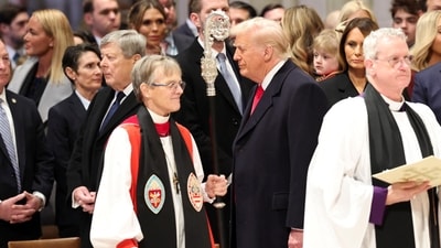 USPresident Donald Trump stands near Reverend Mariann Edgar Budde as he attends the National Day of Prayer Service at the Washington National Cathedral in Washington, US, January 21, 2025. (REUTERS)