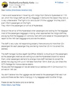 A passenger alleged IndiGo left his luggage in Doha due to lack of space. (LinkedIn/Madhan Kumar Reddy Kotla) A passenger alleged IndiGo left his luggage in Doha due to lack of space. (LinkedIn/Madhan Kumar Reddy Kotla)