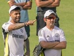 Indian skipper Suryakumar Yadav with head coach Gautam Gambhir during a training session ahead of the first T20 match of the series against England, at Eden Garden in Kolkata.(PTI)