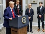 US President Donald Trump, from left, Larry Ellison, co-founder and executive chairman of Oracle Corp., Masayoshi Son, chief executive officer of SoftBank Group Corp., and Sam Altman, chief executive officer of OpenAI Inc., in the Roosevelt Room of the White House in Washington, DC, on Tuesday,