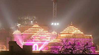 An illuminated Ram Mandir on the first anniversary of the Pran Pratishtha ceremony on January 11. (ANI) An illuminated Ram Mandir on the first anniversary of the Pran Pratishtha ceremony on January 11. (ANI)