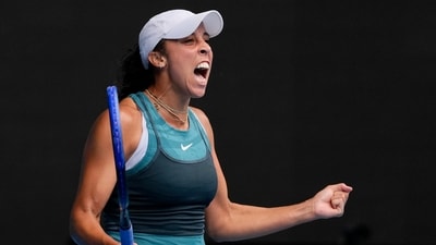 Madison Keys of the U.S. celebrates after defeating Elina Svitolina of Ukraine during their quarterfinal match at the Australian Open tennis championship in Melbourne, Australia, Wednesday, Jan. 22, 2025. (AP Photo/Vincent Thian) (AP)