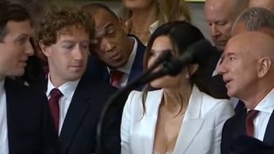 Mark Zuckerberg photographed with Lauren Sanchez and Jeff Bezos at Trump inauguration. (X/@CNviolations) Mark Zuckerberg photographed with Lauren Sanchez and Jeff Bezos at Trump inauguration. (X/@CNviolations)