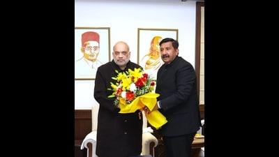 Himachal Pradesh deputy chief minister Mukesh Agnihotri met Union home minister Amit Shah at New Delhi on Wednesday. (HT Photo)