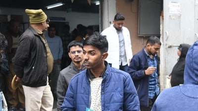JEE Main 2025 day 1 in pics: &nbsp;On the exam day, candidates are expected to make their own arrangements for the safekeeping of personal belongings, as not all exam centres may have the facility. (Santosh Kumar)