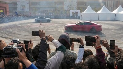 BMW car drivers enthralled the audience by performing stunts at the Bharat Mobility Global Expo 2025 (Arun Sharma/PTI)