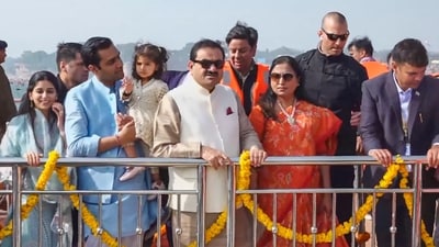 Adani Group Chairman Gautam Adani at Sangam during the Maha Kumbh Mela 2025, in Prayagraj, Uttar Pradesh on Tuesday. (PTI) Adani Group Chairman Gautam Adani at Sangam during the Maha Kumbh Mela 2025, in Prayagraj, Uttar Pradesh on Tuesday. (PTI)