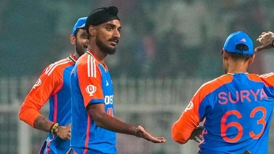 Arshdeep Singh, center, celebrates with captain Suryakumar Yadav, right, and Axar Patel after taking the wicket of England's Ben Duckett (PTI) Arshdeep Singh, center, celebrates with captain Suryakumar Yadav, right, and Axar Patel after taking the wicket of England's Ben Duckett (PTI)