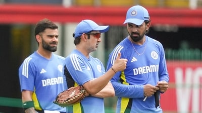 India's head coach Gautam Gambhir and players KL Rahul and Virat Kohli during a practice session (PTI) India's head coach Gautam Gambhir and players KL Rahul and Virat Kohli during a practice session (PTI)