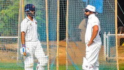 Mumbai captain Ajinkya Rahane talking with teammate Rohit Sharma during the nets session. (PTI) Mumbai captain Ajinkya Rahane talking with teammate Rohit Sharma during the nets session. (PTI)