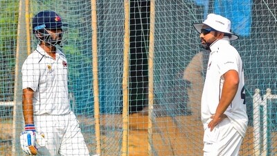 Mumbai captain Ajinkya Rahane talking with teammate Rohit Sharma during the nets session. (PTI)