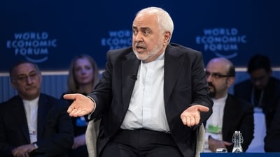 Iran's Vice-President for Strategic Affairs, Mohammad Javad Zarif, gestures as he addresses the audience during the World Economic Forum (WEF) annual meeting in Davos on January 22, 2025. (AFP) Iran's Vice-President for Strategic Affairs, Mohammad Javad Zarif, gestures as he addresses the audience during the World Economic Forum (WEF) annual meeting in Davos on January 22, 2025. (AFP)