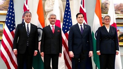 External Affairs Minister S Jaishankar poses for a group picture with United States Secretary of State, Marco Rubio, Australian Foreign Minister, Penny Wong and Japanese Foreign Minister Takeshi Iwaya during Quad Foreign Ministers’ Meeting, in Washington DC on Tuesday. (ANI Photo) (Dr. S. Jaishankar-X) External Affairs Minister S Jaishankar poses for a group picture with United States Secretary of State, Marco Rubio, Australian Foreign Minister, Penny Wong and Japanese Foreign Minister Takeshi Iwaya during Quad Foreign Ministers’ Meeting, in Washington DC on Tuesday. (ANI Photo) (Dr. S. Jaishankar-X)