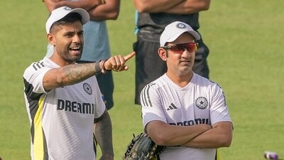 Indian skipper Suryakumar Yadav with head coach Gautam Gambhir during a training session ahead of the first T20 match of the series against England, at Eden Garden in Kolkata. (PTI) Indian skipper Suryakumar Yadav with head coach Gautam Gambhir during a training session ahead of the first T20 match of the series against England, at Eden Garden in Kolkata. (PTI)