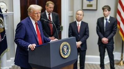 US President Donald Trump, from left, Larry Ellison, co-founder and executive chairman of Oracle Corp., Masayoshi Son, chief executive officer of SoftBank Group Corp., and Sam Altman, chief executive officer of OpenAI Inc., in the Roosevelt Room of the White House in Washington, DC, on Tuesday, (Bloomberg) US President Donald Trump, from left, Larry Ellison, co-founder and executive chairman of Oracle Corp., Masayoshi Son, chief executive officer of SoftBank Group Corp., and Sam Altman, chief executive officer of OpenAI Inc., in the Roosevelt Room of the White House in Washington, DC, on Tuesday, (Bloomberg)