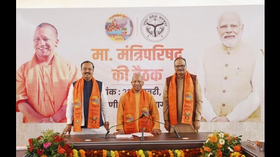 UP Chief Minister Yogi Adityanath with Deputy CMs Keshav Prasad Maurya and Brajesh Pathak during a Cabinet meeting at the Mahakumbh premises,on Wednesday (PTI) UP Chief Minister Yogi Adityanath with Deputy CMs Keshav Prasad Maurya and Brajesh Pathak during a Cabinet meeting at the Mahakumbh premises,on Wednesday (PTI)