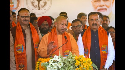 UP Chief Minister Yogi Adityanath with Dy CMs Keshav Prasad Maurya and Brajesh Pathak speaks to the media after a Cabinet meeting held at Triveni Complex on Wednesday (PTI) UP Chief Minister Yogi Adityanath with Dy CMs Keshav Prasad Maurya and Brajesh Pathak speaks to the media after a Cabinet meeting held at Triveni Complex on Wednesday (PTI)