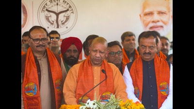 UP Chief Minister Yogi Adityanath with Dy CMs Keshav Prasad Maurya and Brajesh Pathak speaks to the media after a Cabinet meeting held at Triveni Complex on Wednesday. (PTI) UP Chief Minister Yogi Adityanath with Dy CMs Keshav Prasad Maurya and Brajesh Pathak speaks to the media after a Cabinet meeting held at Triveni Complex on Wednesday. (PTI)