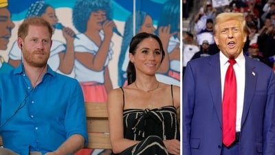 Harry and Meghan ‘fear’ Donald Trump ‘may want revenge’ during his presidency (Colombia Vice Presidency/Handout via REUTERS, photo by Anna Moneymaker / GETTY IMAGES NORTH AMERICA / Getty Images via AFP) Harry and Meghan ‘fear’ Donald Trump ‘may want revenge’ during his presidency (Colombia Vice Presidency/Handout via REUTERS, photo by Anna Moneymaker / GETTY IMAGES NORTH AMERICA / Getty Images via AFP)