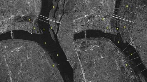 The image below shows the infrastructure development at Triveni Sangam. The numbers indicate the following facilities. 1-Triveni Sangam; 2 and 3 -pontoon bridges; 4 -parking and medical facilities at the Parade Ground; 5,6,7 and 8 -shows the development of tents. (ISRO-NSRC) The image below shows the infrastructure development at Triveni Sangam. The numbers indicate the following facilities. 1-Triveni Sangam; 2 and 3 -pontoon bridges; 4 -parking and medical facilities at the Parade Ground; 5,6,7 and 8 -shows the development of tents. (ISRO-NSRC)