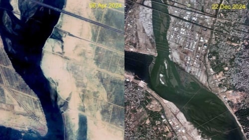 The image below of the Ganges River's confluence shows temporary pontoon bridges and other structures. (ISRO-NSRC) The image below of the Ganges River's confluence shows temporary pontoon bridges and other structures. (ISRO-NSRC)