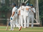 Jammu and Kashmir players celebrate the wicket Mumbai batter Rohit Sharma during the first day of the Ranji Trophy match Jammu and Kashmir players celebrate the wicket Mumbai batter Rohit Sharma during the first day of the Ranji Trophy match