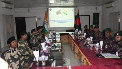 A sector commander meeting between the Border Security Force (BSF) and Border Guard Bangladesh (BGB) on Thursday. (HT Photo) A sector commander meeting between the Border Security Force (BSF) and Border Guard Bangladesh (BGB) on Thursday. (HT Photo)