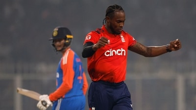 England's Jofra Archer celebrates after taking the wicket of India's Sanju Samson after a catch by England's Gus Atkinson (REUTERS)