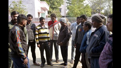 Family and friends of deceased Chanchal Kumar outside the morgue on Thursday. (Sakib Ali/HT Photo)