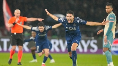 PSG's Goncalo Ramos celebrates after scoring his side's fourth goal. (AP) PSG's Goncalo Ramos celebrates after scoring his side's fourth goal. (AP)
