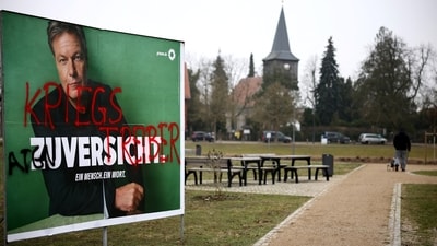 An election campaign poster depicting Hubert Aiwanger, state Bavarian's top candidate of the Free Voters party for the upcoming 2025 general election, is pictured in Berlin, Germany January 21, (REUTERS)