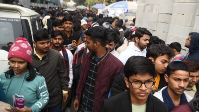 Students are seen coming out of their exam centers after appearing for the JEE Mains exam at an examination centre in Patna. (Santosh Kumar) Students are seen coming out of their exam centers after appearing for the JEE Mains exam at an examination centre in Patna. (Santosh Kumar)