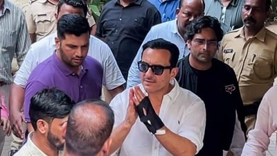 Actor Saif Ali Khan greets as he arrives at his residence after getting discharged from Lilavati Hospital, in Mumbai on Tuesday. (ANI)