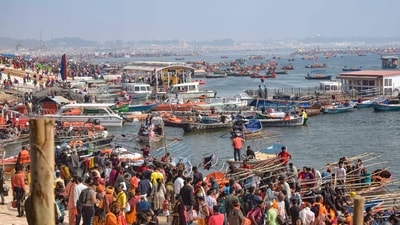 Devotees at Sangam during the Maha Kumbh Mela 2025, in Prayagraj. (PTI) Devotees at Sangam during the Maha Kumbh Mela 2025, in Prayagraj. (PTI)
