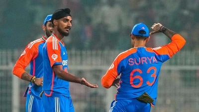 India's Arshdeep Singh, center, celebrates with captain Suryakumar Yadav, right, and Axar Patel after taking the wicket of England's Ben Duckett (PTI) India's Arshdeep Singh, center, celebrates with captain Suryakumar Yadav, right, and Axar Patel after taking the wicket of England's Ben Duckett (PTI)