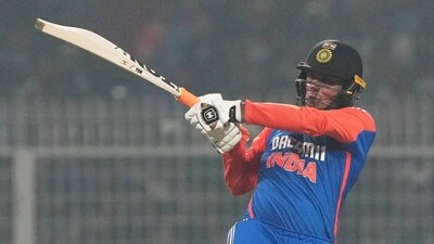 Abhishek Sharma plays a shot during the first T20I cricket match of a series between India and England, at the Eden Gardens, in Kolkata (PTI) Abhishek Sharma plays a shot during the first T20I cricket match of a series between India and England, at the Eden Gardens, in Kolkata (PTI)