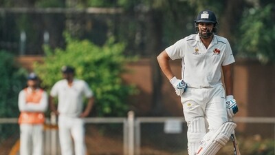 Mumbai batter Rohit Sharma during the first day of the Ranji Trophy cricket match between Mumbai and Jammu and Kashmir, in Mumbai, Thursday (PTI) Mumbai batter Rohit Sharma during the first day of the Ranji Trophy cricket match between Mumbai and Jammu and Kashmir, in Mumbai, Thursday (PTI)