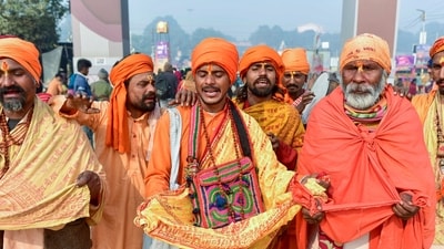 'Sadhus' take part in a procession during the Maha Kumbh Mela 2025, in Prayagraj, Uttar Pradesh, (PTI) 'Sadhus' take part in a procession during the Maha Kumbh Mela 2025, in Prayagraj, Uttar Pradesh, (PTI)