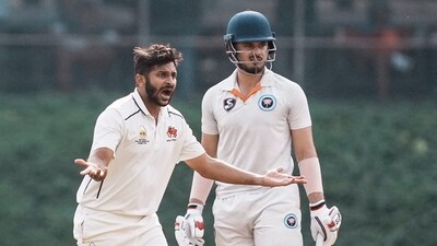 Mumbai's Shardul Thakur makes a successful appeal for the wicket of Jammu and Kashmir's Abdul Samad during the first day of a Ranji trophy test cricket match between Mumbai and Jammu and Kashmir (PTI)
