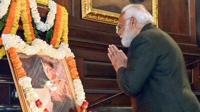 Prime Minister Narendra Modi pays floral tribute to Netaji Subhas Chandra Bose on his birth anniversary, at Samvidhan Sadan in New Delhi on Thursday (ANI) Prime Minister Narendra Modi pays floral tribute to Netaji Subhas Chandra Bose on his birth anniversary, at Samvidhan Sadan in New Delhi on Thursday (ANI)