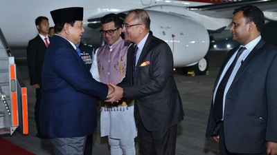 The Indonesian president Prabowo Subianto was welcomed at the airport by Minister of State for External Affairs Pabitra Margherita. (X/@MEAIndia) The Indonesian president Prabowo Subianto was welcomed at the airport by Minister of State for External Affairs Pabitra Margherita. (X/@MEAIndia)