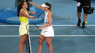 Belarus' Aryna Sabalenka (L) greets Spain's Paula Badosa after winning their women's singles semi-final match on day twelve of the Australian Open tennis tournament in Melbourne on January 23 (AFP) Belarus' Aryna Sabalenka (L) greets Spain's Paula Badosa after winning their women's singles semi-final match on day twelve of the Australian Open tennis tournament in Melbourne on January 23 (AFP)