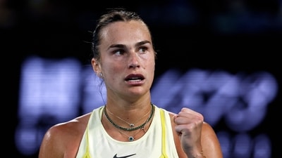 Belarus' Aryna Sabalenka reacts during her semi final match against Spain's Paula Badosa (REUTERS)