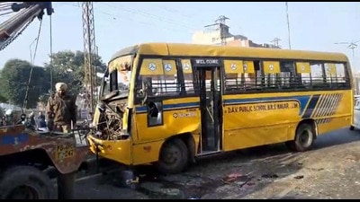 The damaged bus after the accident in Ludhiana on Thursday. (HT Photo)