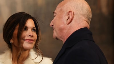 Founder of Amazon and Blue Origin Jeff Bezos and his fiance Lauren Sanchez depart inauguration ceremonies in the Rotunda of the U.S. Capitol on January 20, 2025 in Washington, DC (Getty Images via AFP)